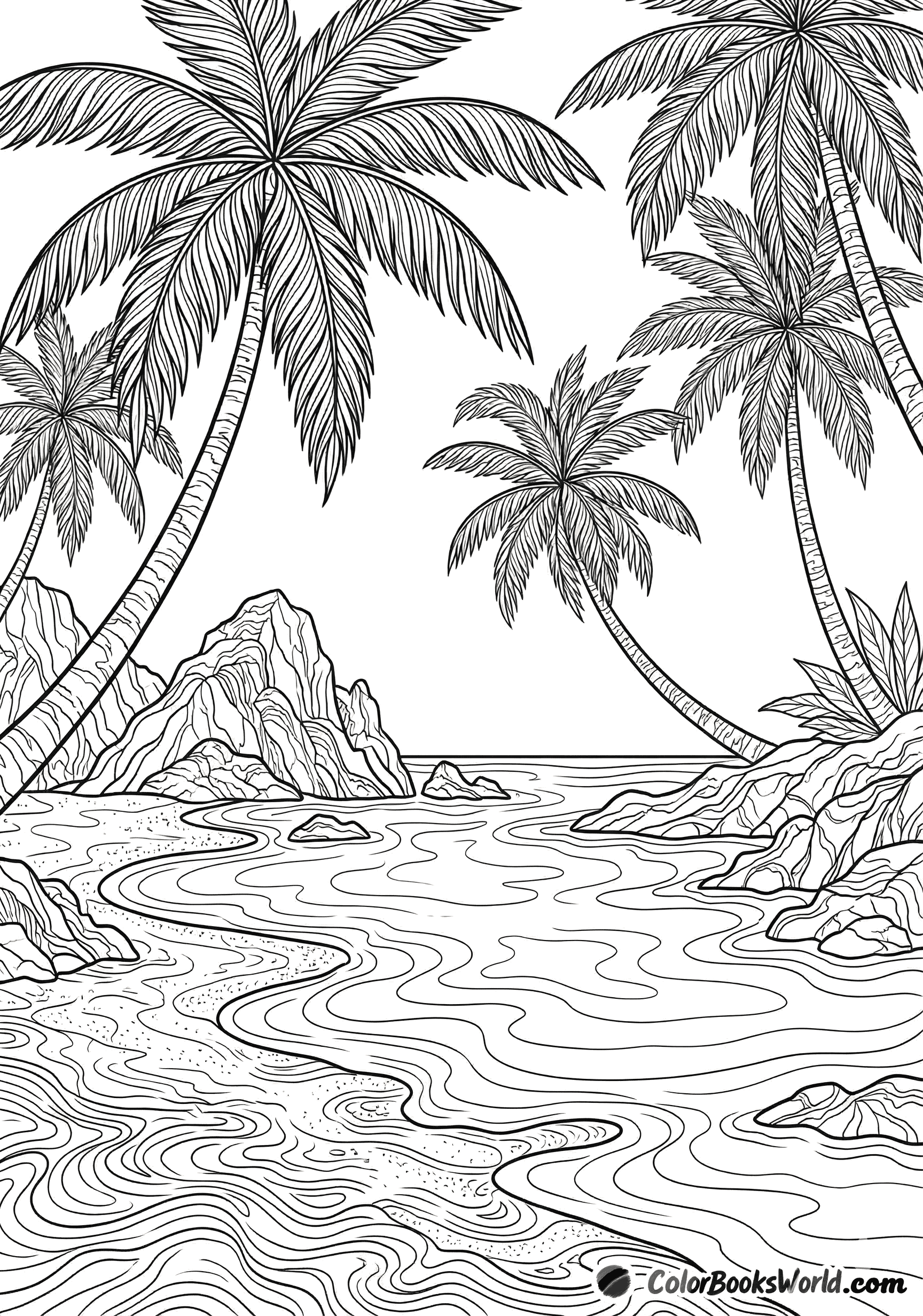 Leaning palm trees on a tropical beach beside a calm lagoon with rocky outcrops.