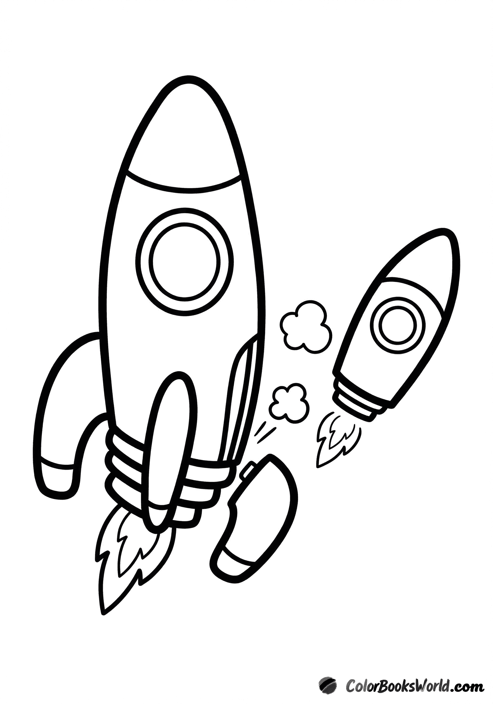 A cartoon two-stage rocket separates from its booster with small puffs in space.