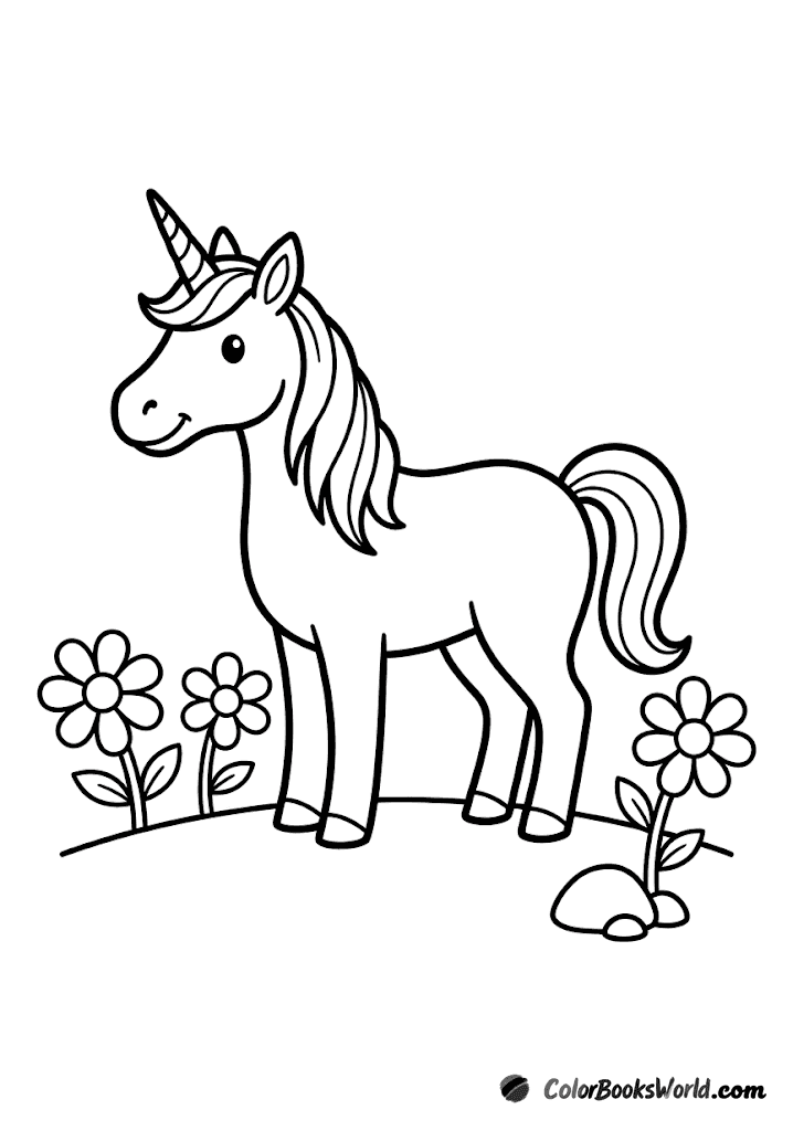 A friendly cartoon unicorn stands in a meadow beside three large flowers and a small rock.