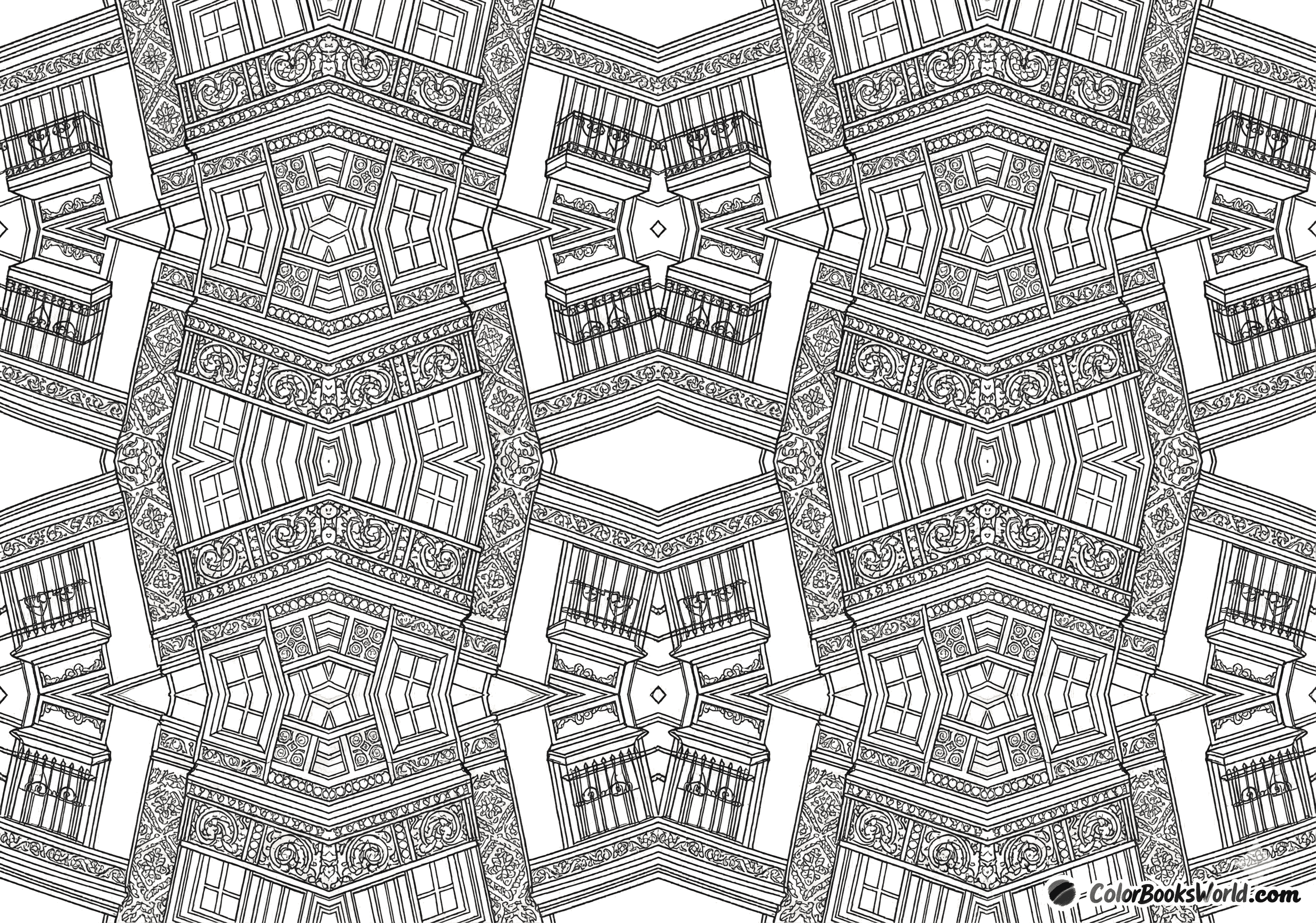 Intricate line art showing mirrored building facades, ornate windows, and balconies in a symmetrical urban tessellation.