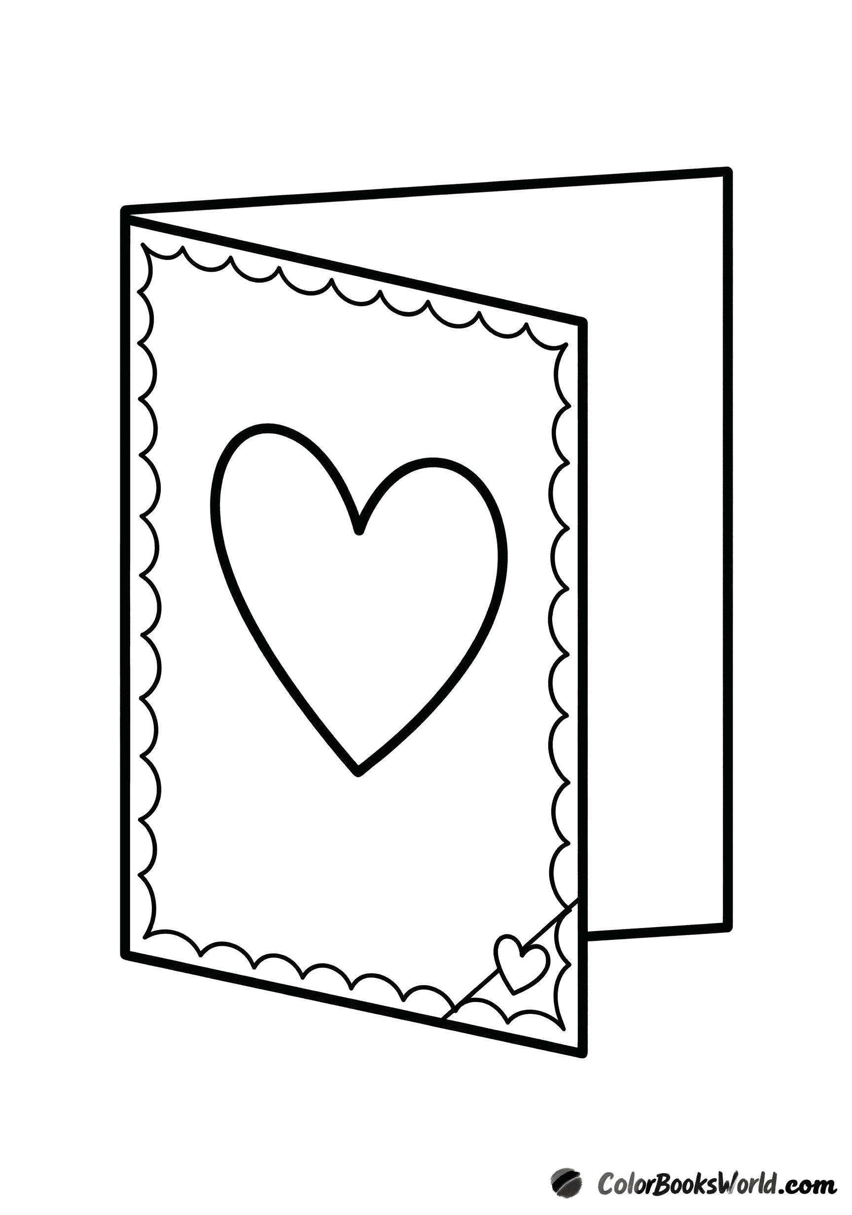 A slightly open folded Valentine card with a large heart cutout, scalloped edge, and a small heart sticker.