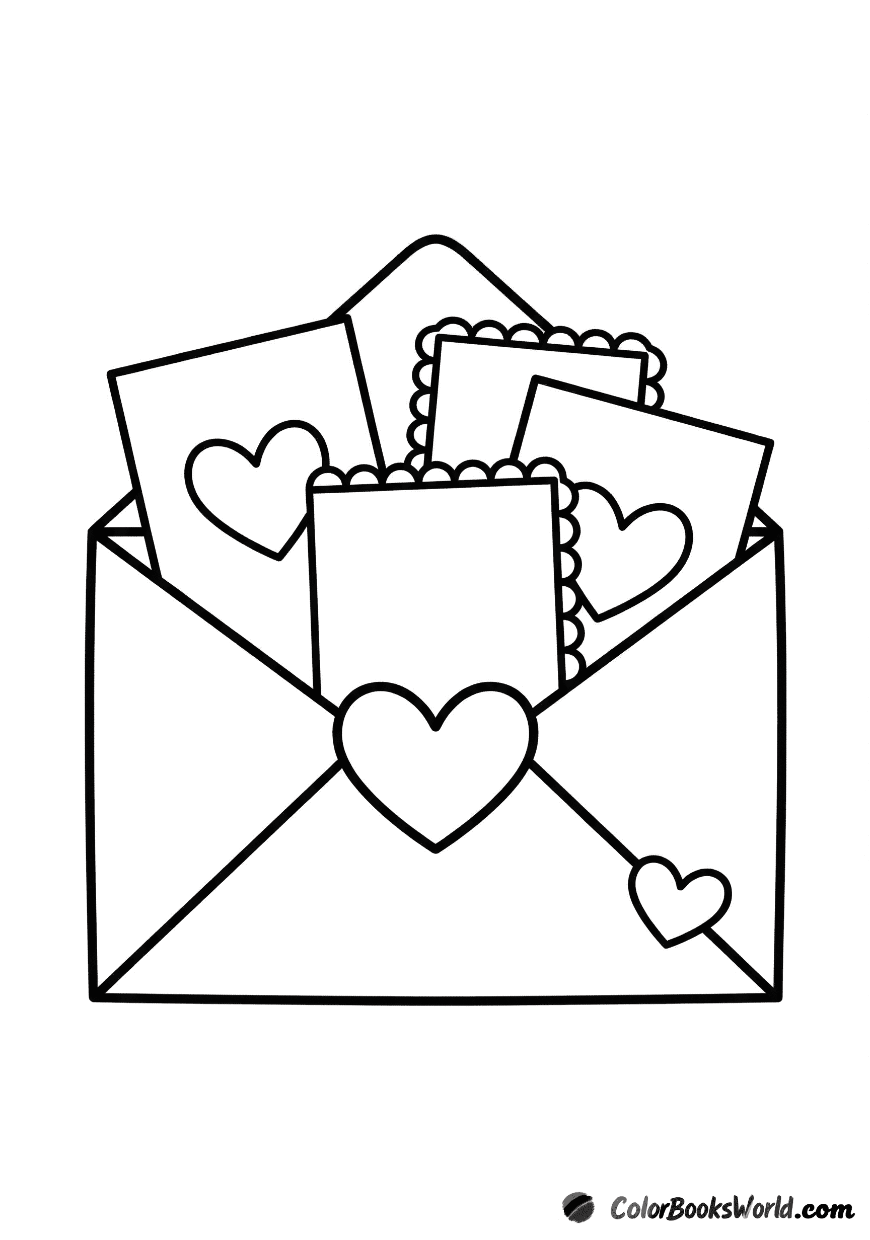 An open envelope with a heart seal and three love notes peeking out, plus a small heart sticker.