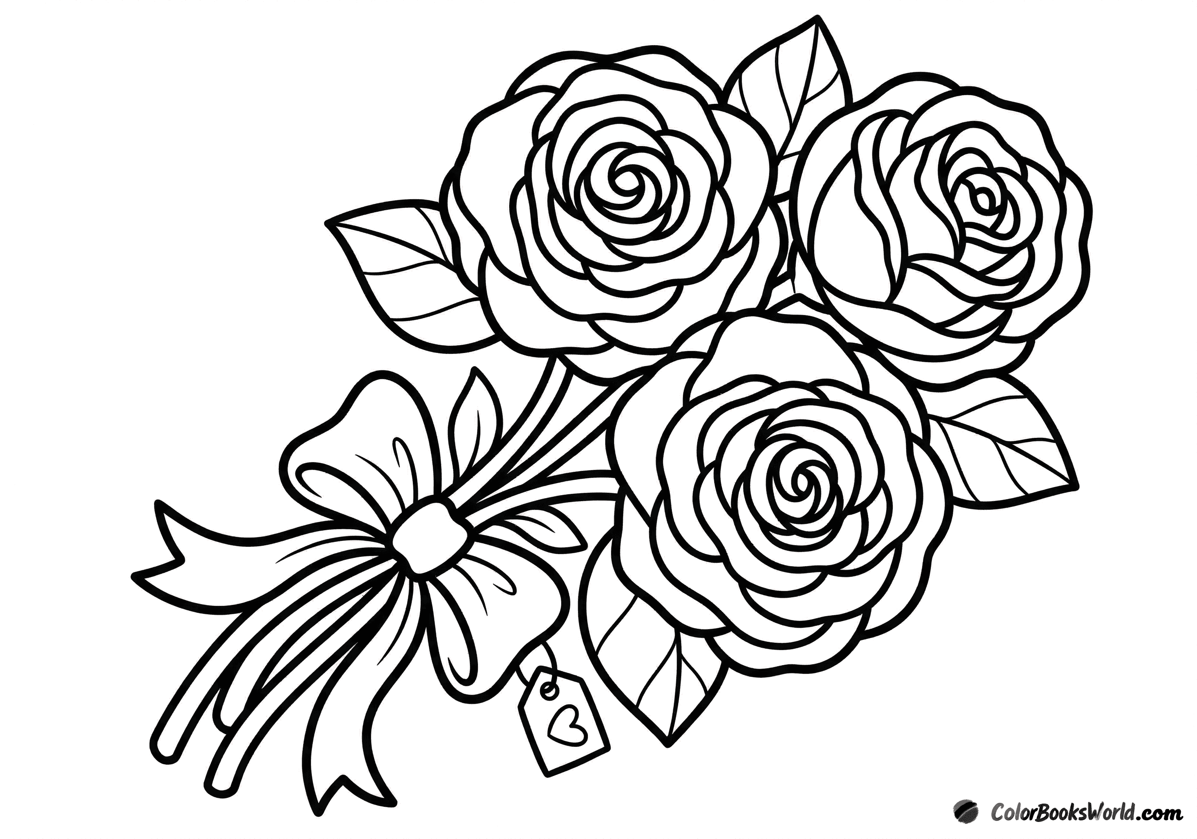 A hand-held bouquet of three stylized roses tied with a ribbon and a small heart tag.