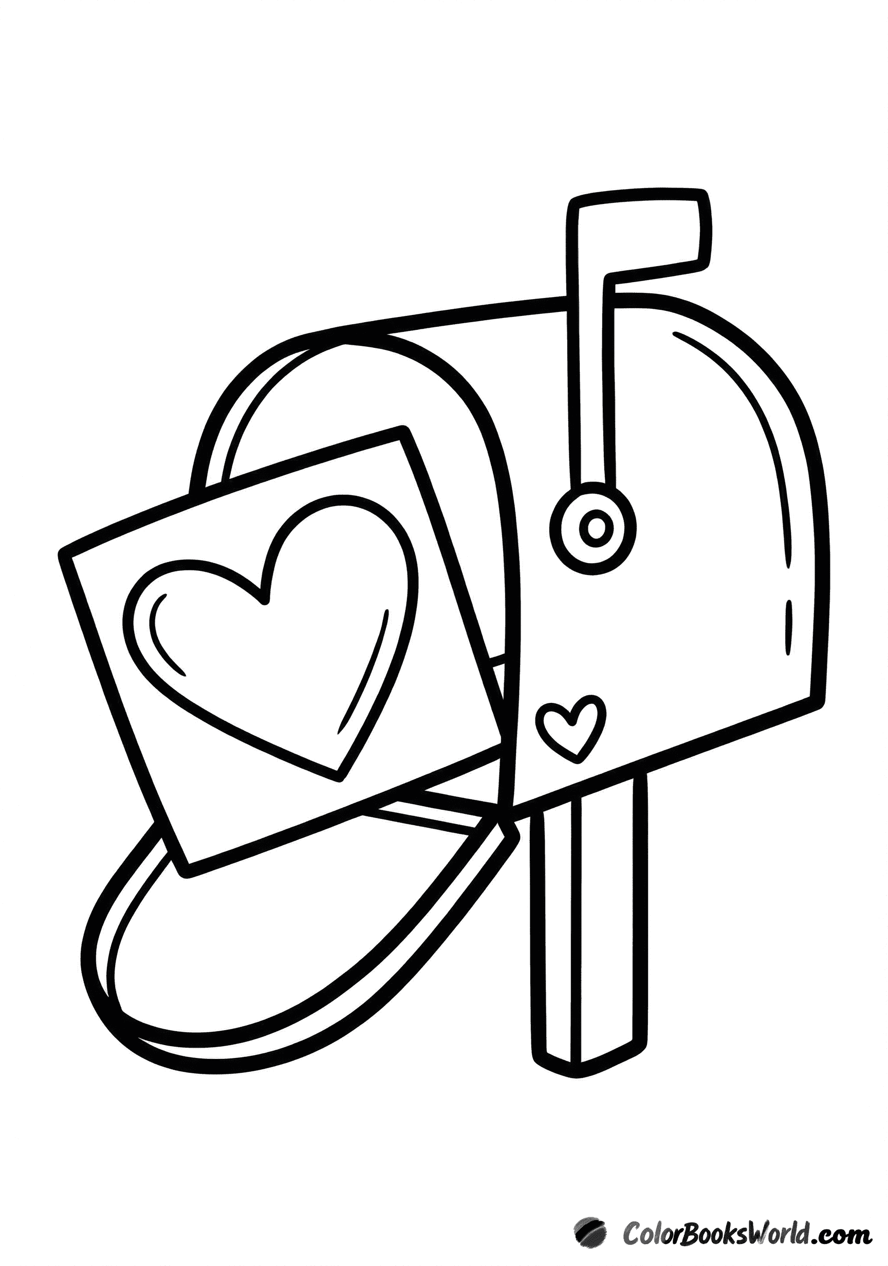 An open mailbox with a large heart-shaped card sticking out and the flag raised.