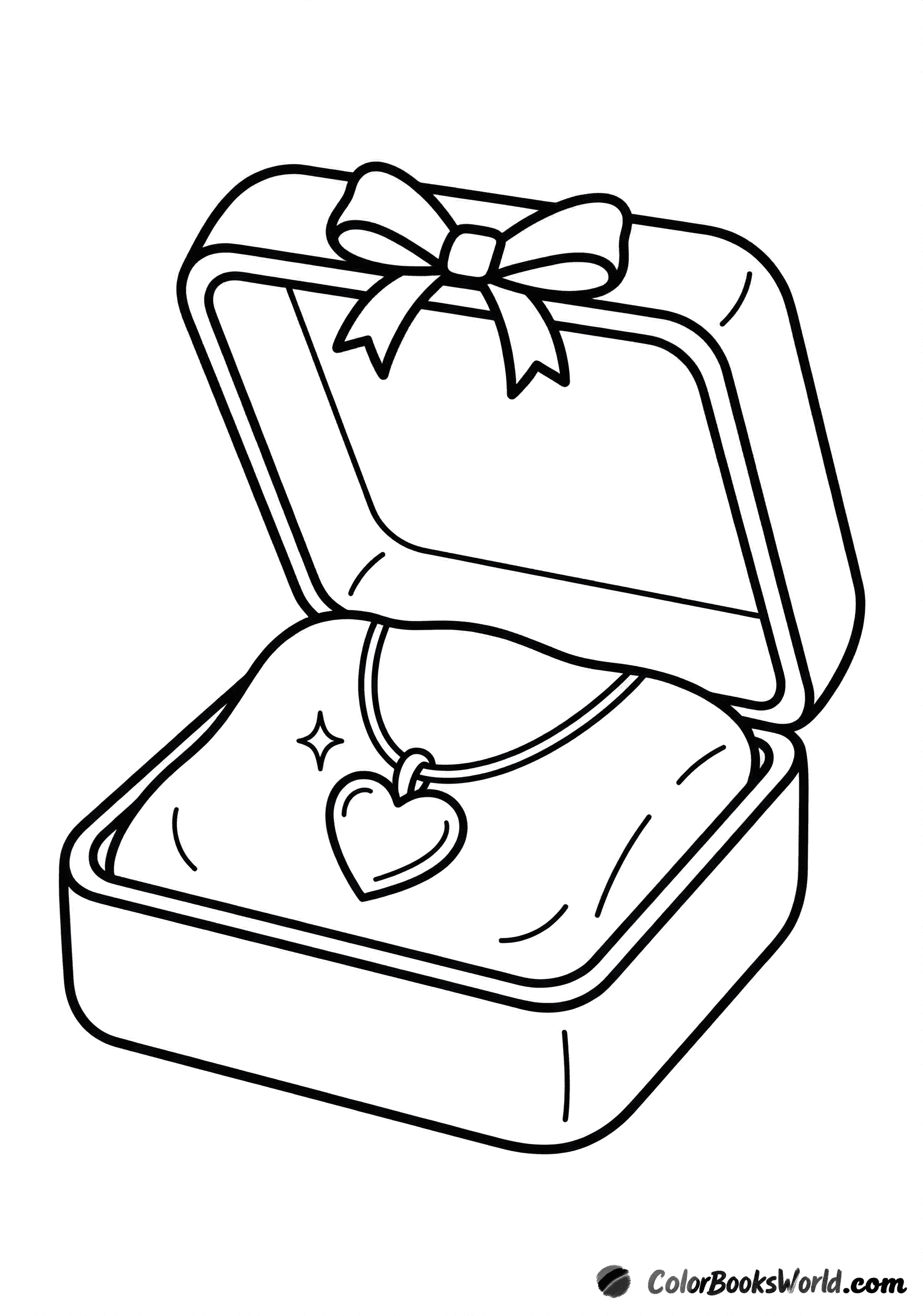 Open jewelry box holding a heart pendant necklace on a cushion, with a small star and bow on the lid.