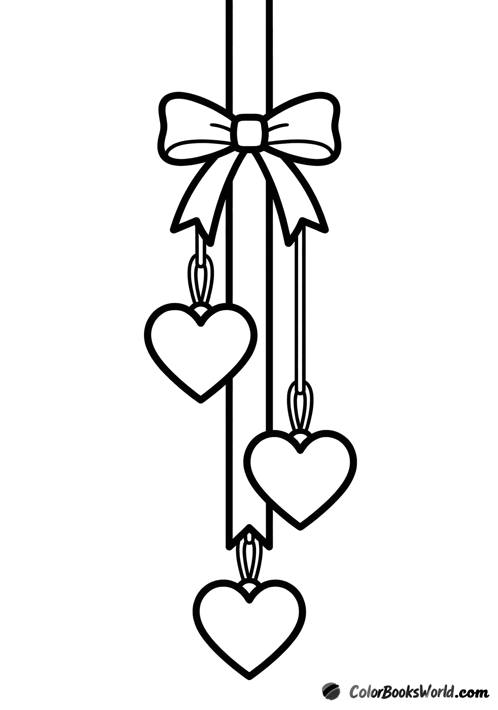 Vertical ribbon banner with a bow at the top and three hanging heart ornaments.