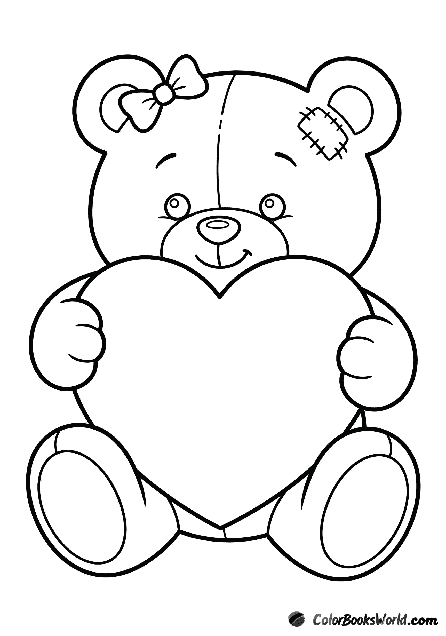 A plush teddy bear sits holding a large heart, with a small bow and a stitched ear patch.