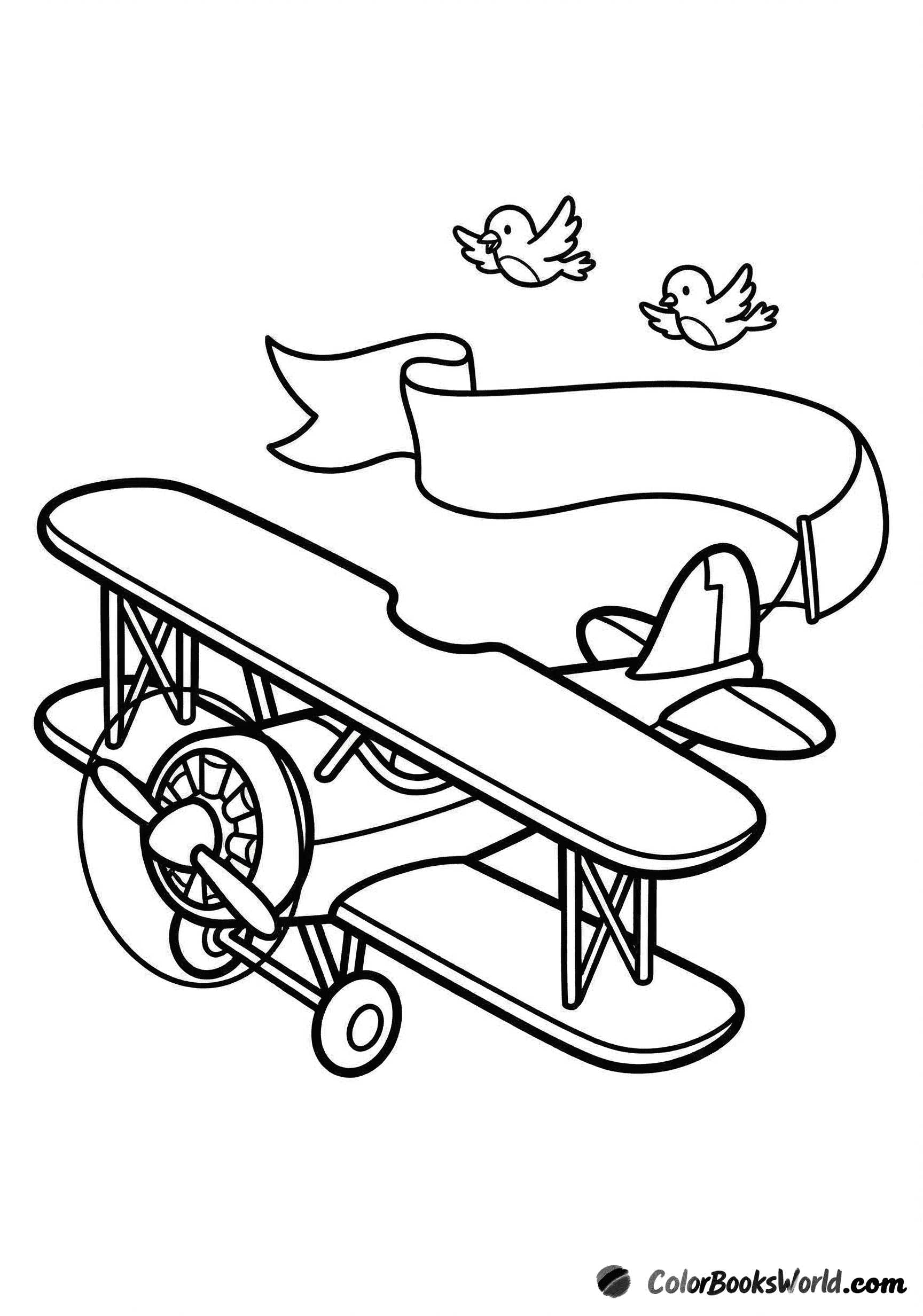 A vintage biplane flies through the sky pulling a blank banner, with two small birds nearby.