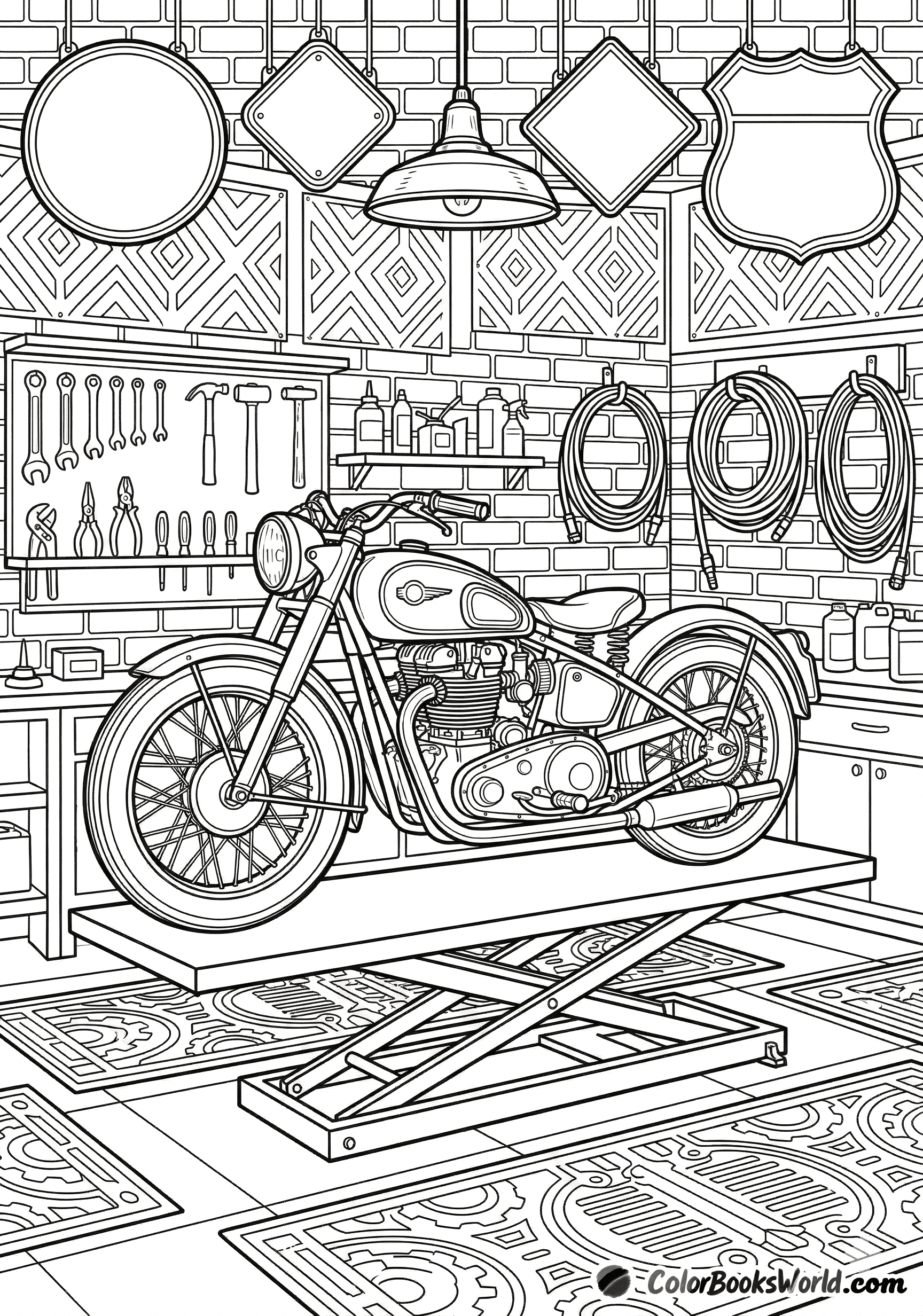 Detaillierte Strichzeichnung eines klassischen Motorrads auf einer Hebebühne in einer Werkstatt mit Werkzeugen.
