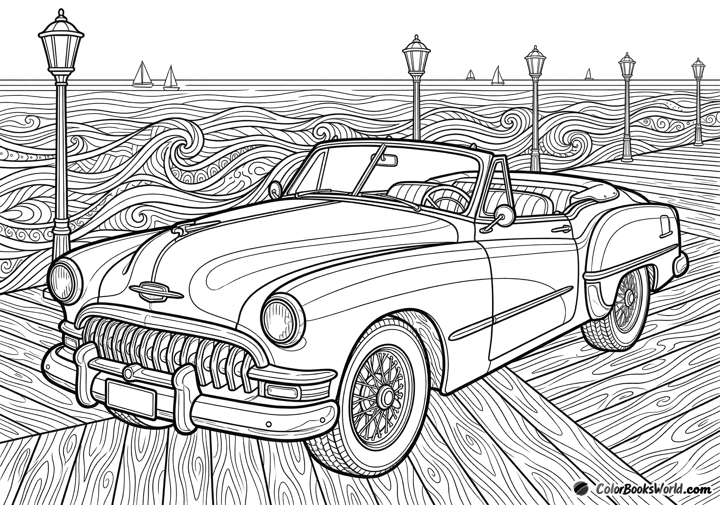 A classic 1950s roadster parked on a wooden boardwalk with stylized ocean waves and vintage streetlamps in the background.