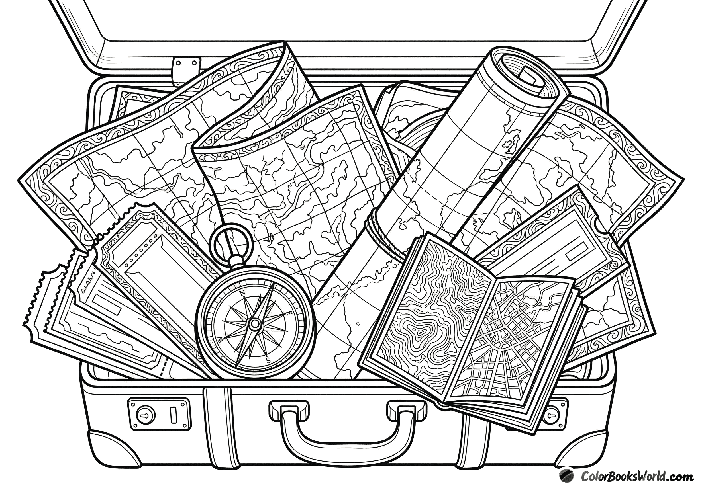 Detailed line art of an open vintage suitcase overflowing with folded maps, travel tickets, and a compass.