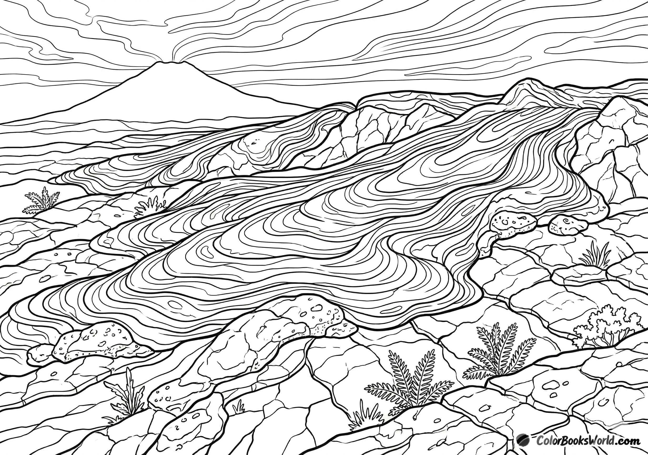 Line art of a volcanic landscape with hardened lava flows, cracked ground, and a distant volcano.