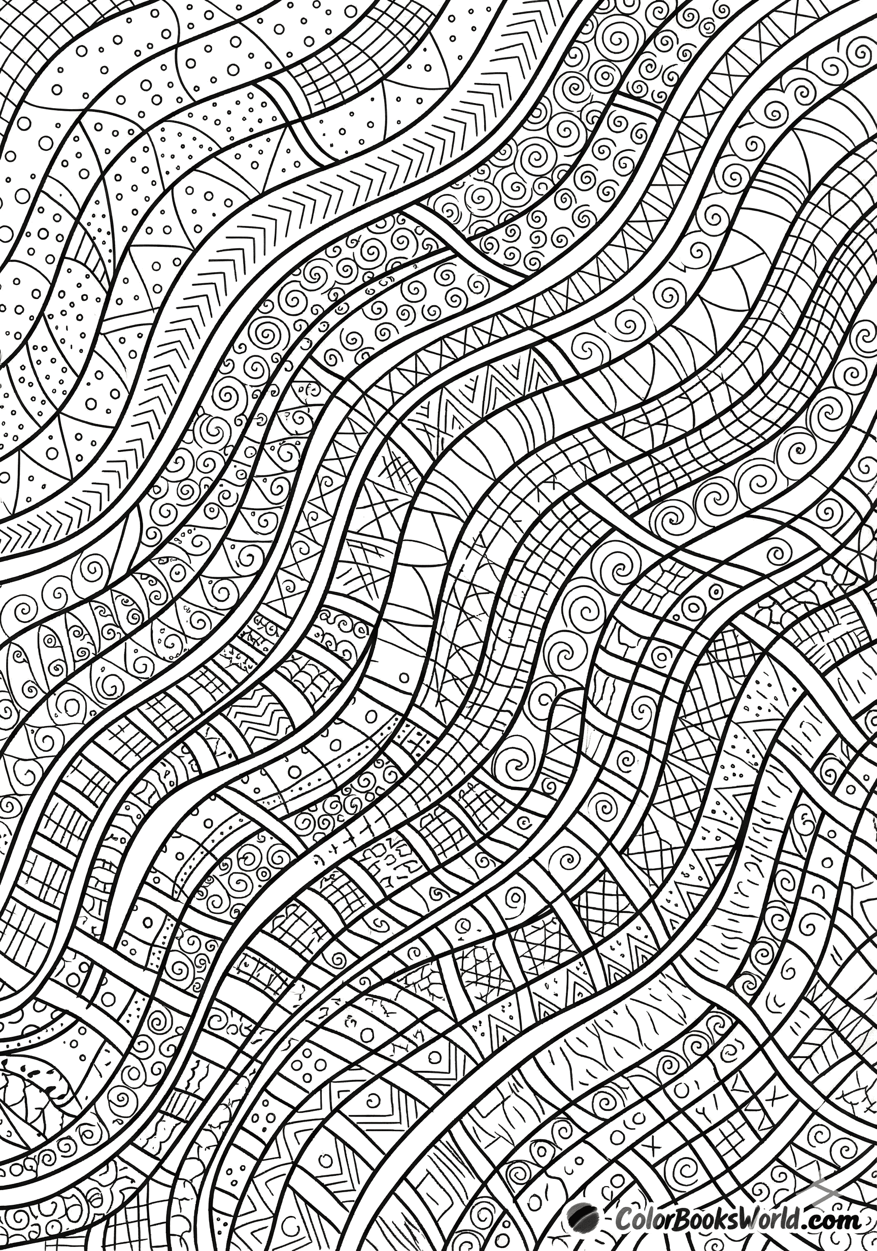 Intricate black and white line art of a wavy lattice filled with various micro-motifs like spirals and dots.