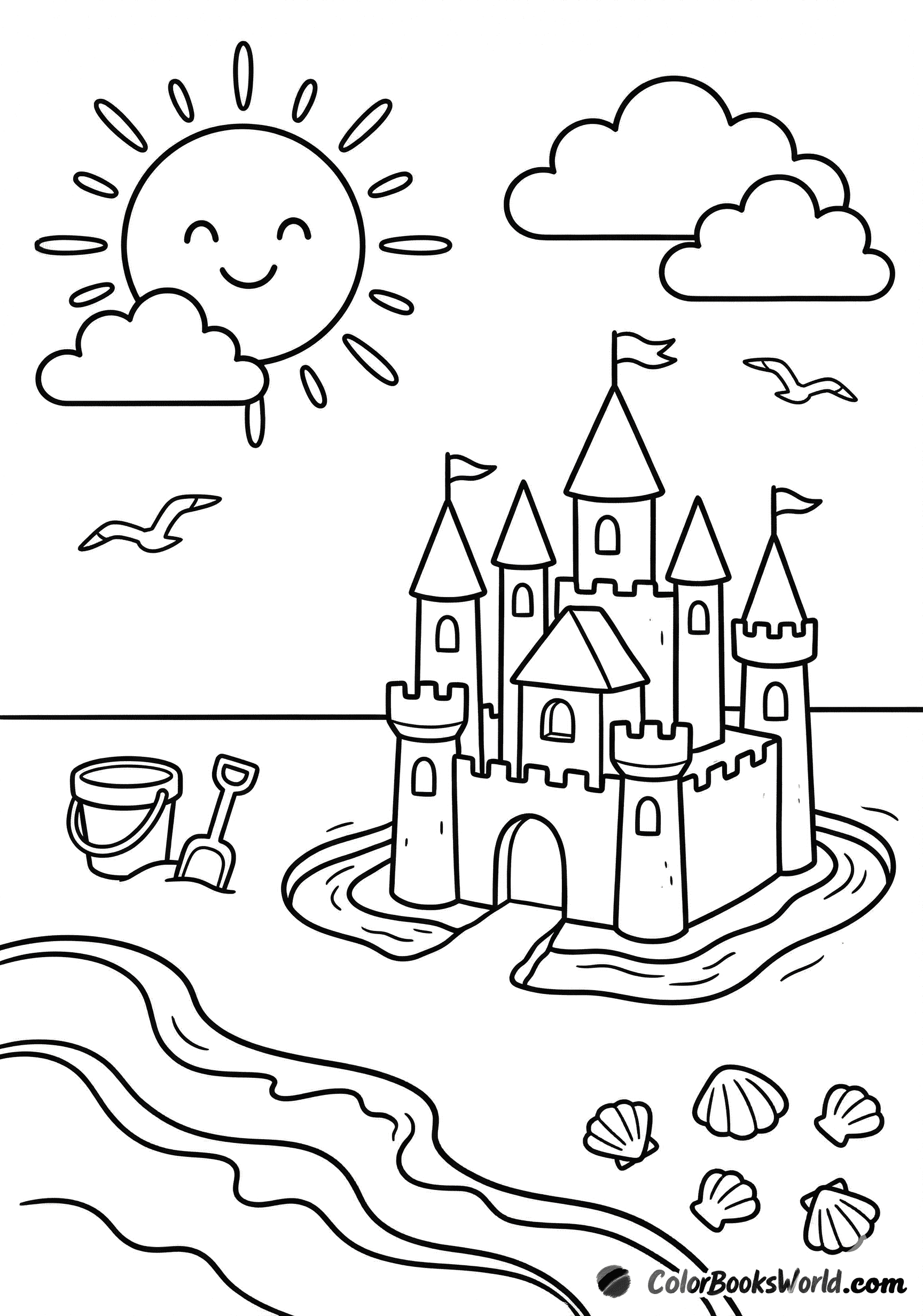 A large sandcastle with towers and flags on the beach, with a smiling sun and sea waves.