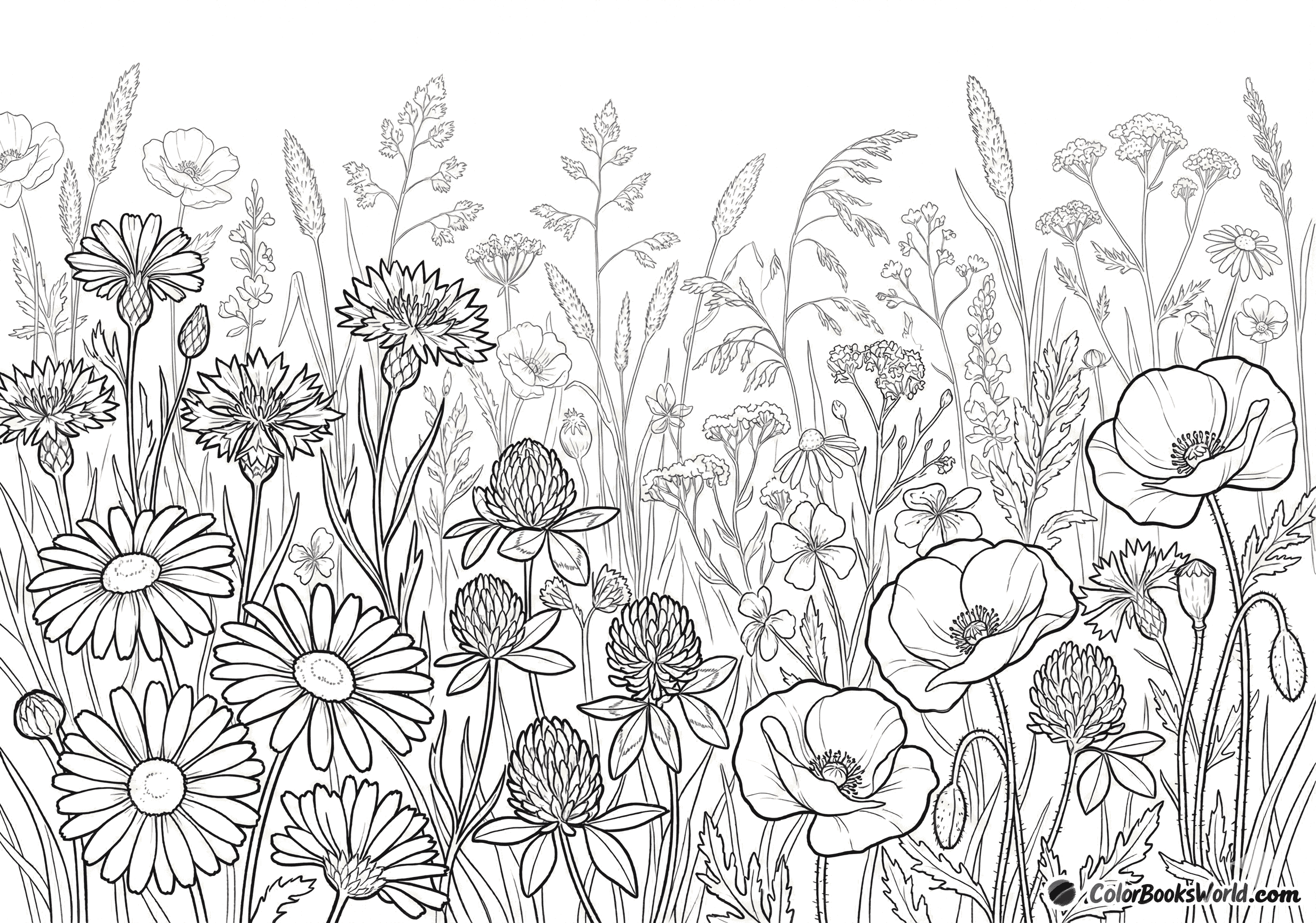 Wildblumenwiese mit Mohn, Gänseblümchen, Kornblumen und hohen Gräsern.