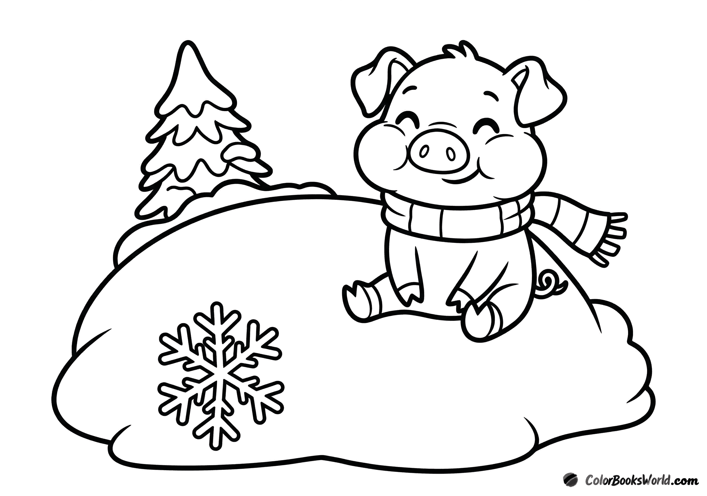 A cute piglet wearing a scarf sits on snow beside a large snowflake and a small pine tree.