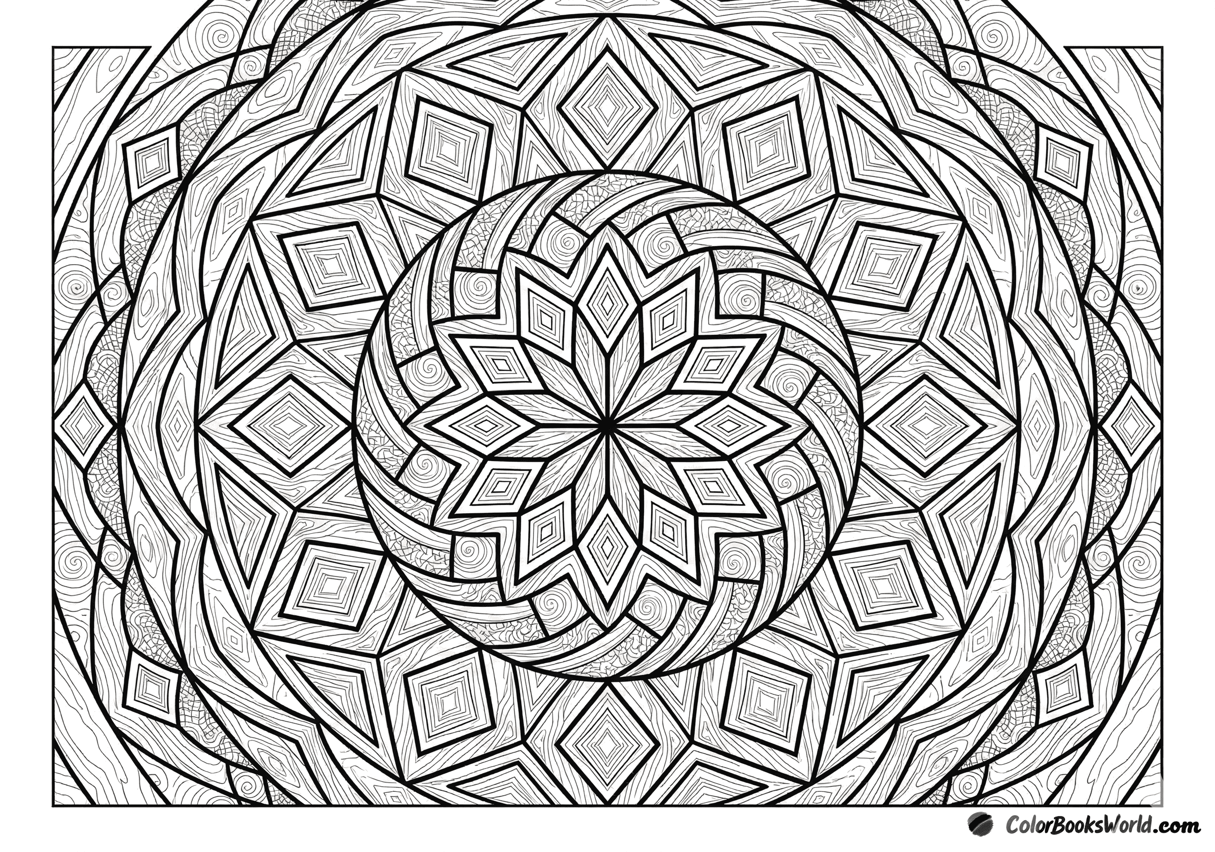 Geometric mandala with wood grain textures, marquetry-style inlay patterns, and repeating diamond shapes.