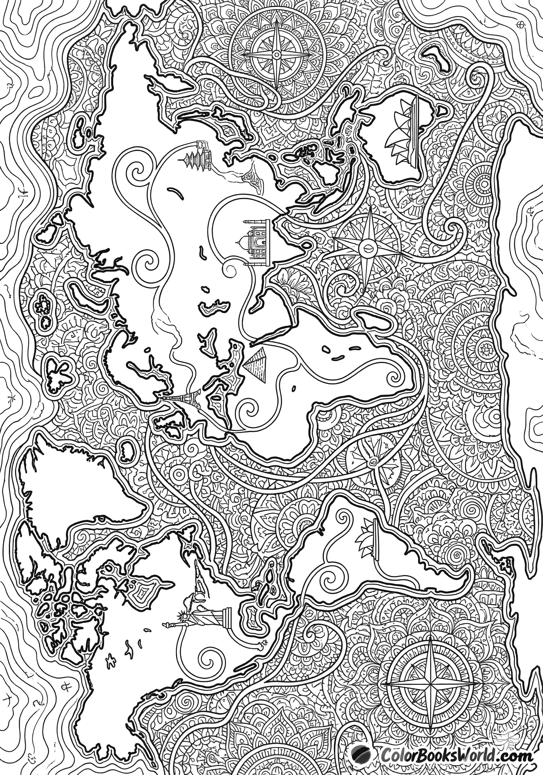 Intricate world map line art featuring global landmarks connected by travel routes with mandala patterns in the oceans.