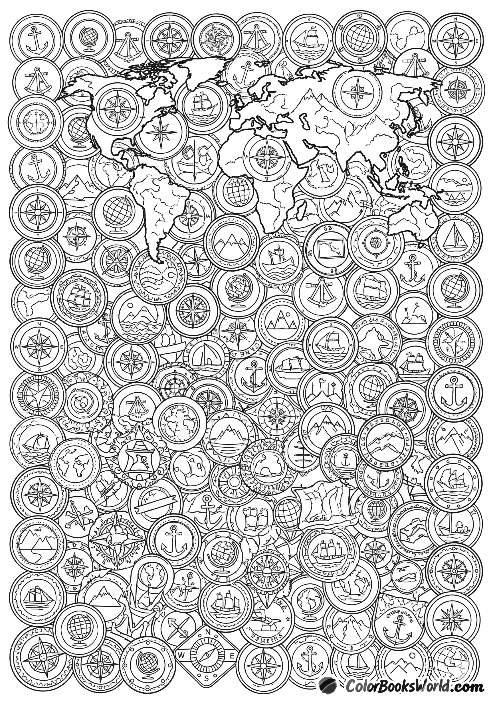 Gedetailleerde lijntekening van een wereldkaart omringd door cirkelvormige reisstempels met nautische en geografische iconen.
